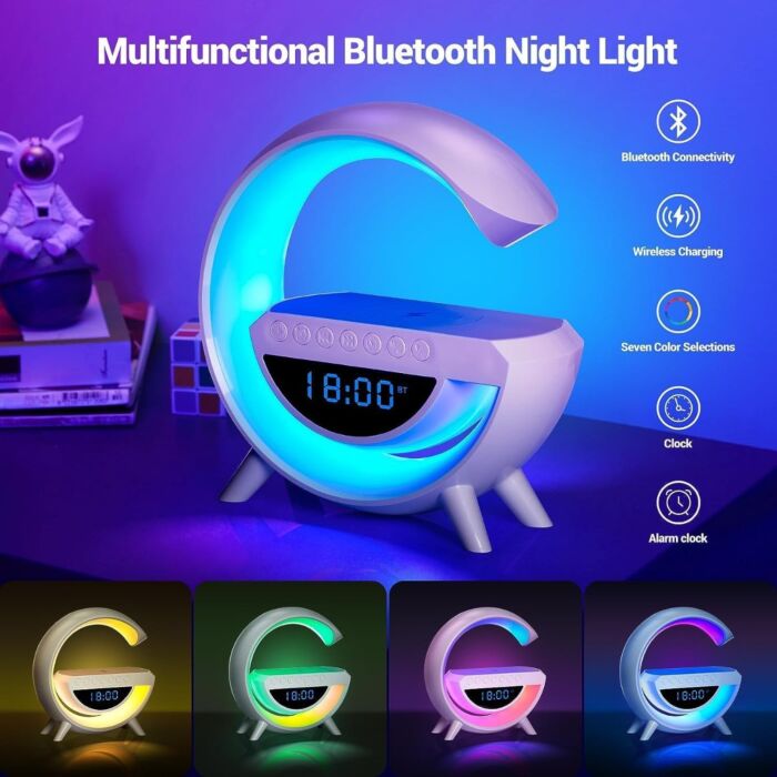 G - Shape RGB LED Night Lamp with Wireless Charging, Bluetooth Speaker & Alarm Clock | Smart Bedside Light - Home Decor by Maryum